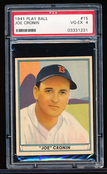 1941 Playball Baseball- #15 Joe Cronin, Boston Red Sox – PSA Vg-Ex 4 – Dated back variation