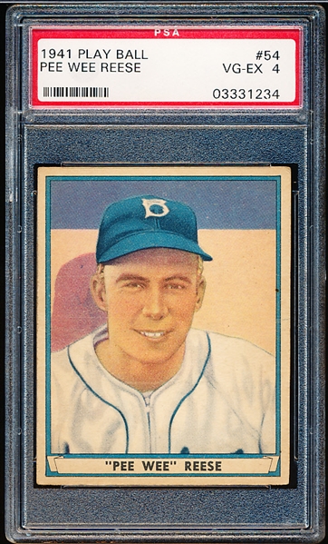 1941 Playball Baseball- #54 Pee Wee Reese, Brooklyn Dodgers- Rookie Card- Hi#- PSA Vg-Ex 4