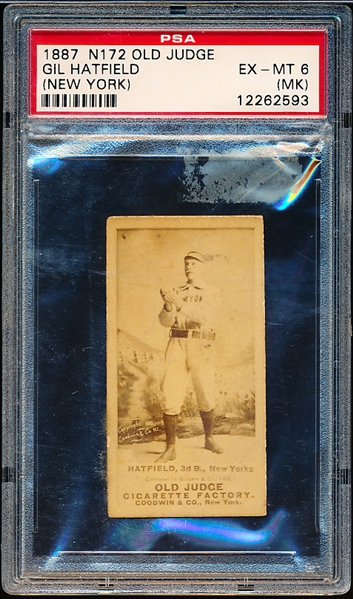 1887 N172 Old Judge Baseball Gil Hatfield (New York)- PSA Ex-Mt 6 (MK)- Fielding Pose (Hands Chest High)