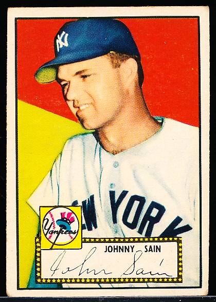 1952 Topps Bb- #49 John Sain, Yankees- Correct Back Version- Red Back