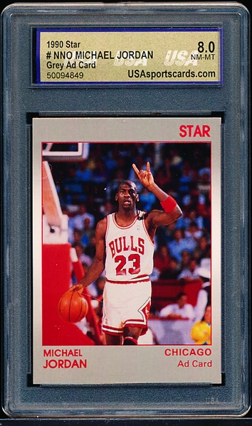 1990 Star Co. NNO Michael Jordan (Bulls) Grey Ad Card- USA Graded NM-MT 8.0.