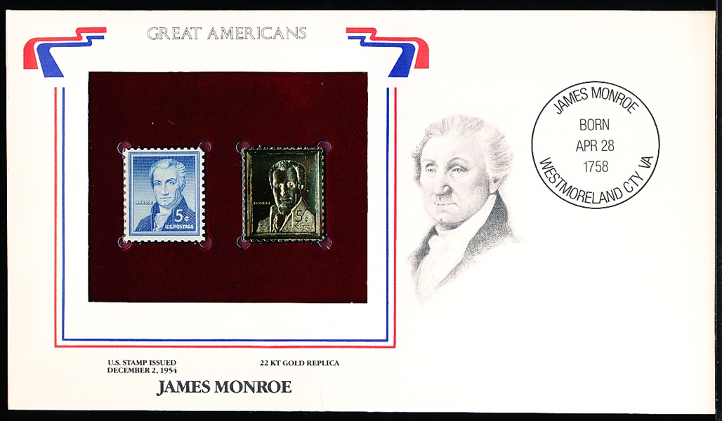 USPS “Great Americans” Original & 22kt Gold Replica Stamp- James Monroe 5 Cent 12/2/54 Issue Stamp