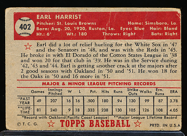 Lot Detail - 1952 Topps Baseball- #402 Earl Harrist, Browns- Hi#