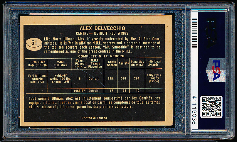Lot Detail - 1967 Topps Hockey- #51 Alex Delvecchio, Red Wings- PSA ...