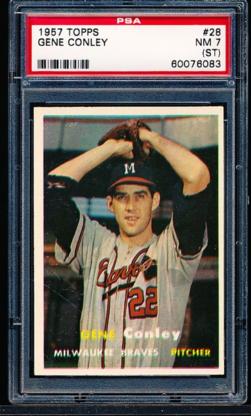 1957 Topps Baseball- #28 Gene Conley, Braves- PSA NM 7 (ST)