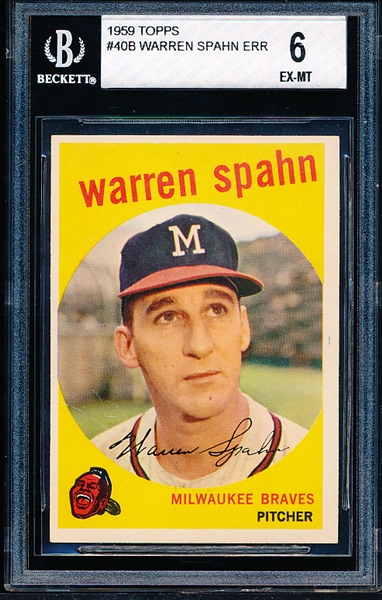 1959 Topps Bb- #40 Warren Spahn, Braves- Beckett 6 (Obscured # Back Variation(B))