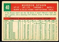 1959 Topps Bb- #40 Warren Spahn, Braves- “21” Back Variation