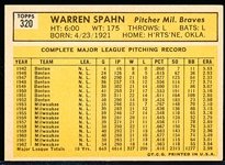 1963 Topps Bb- #320 Warren Spahn, Braves