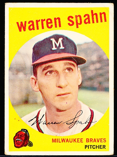 1959 Topps Bb- #40 Warren Spahn, Braves- “Obscured 2” Variation on Back