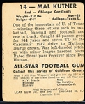 1948 Leaf Fb- #14 Mal Kutner, Chicago Cardinals