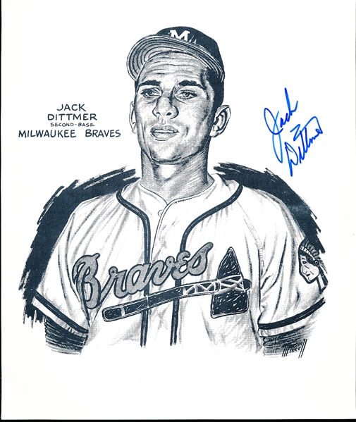Autographed Jack Dittmer Milwaukee Braves MLB 8-½” x 10” Reprint of a Marsha Merrill Original Sketch