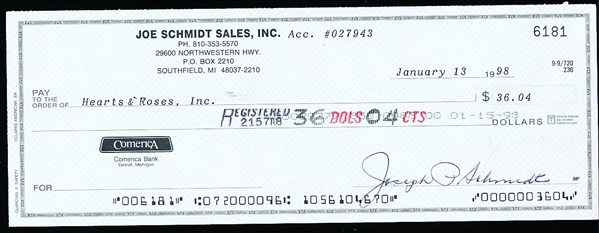 Autographed Joe Schmidt NFL HOFer Business Check
