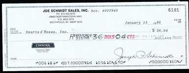 Autographed Joe Schmidt NFL HOFer Business Check