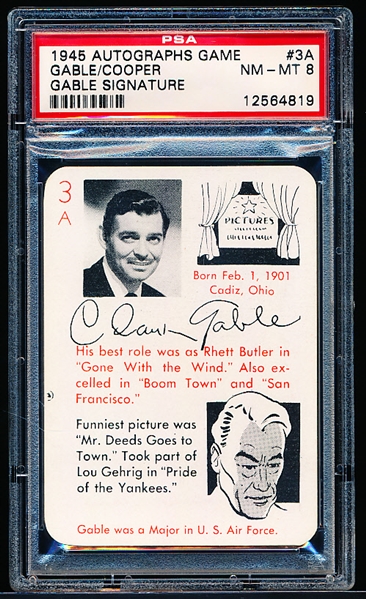 1945 Leister Game Co. (Toledo, OH.) “Autographs (Facsimile): A Card Game of Famous People”- #3A Clark Gable/ Gary Cooper- PSA Graded NM-MT 8.