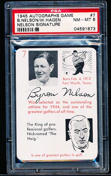 1945 Leister Game Co. (Toledo, OH.) “Autographs (Facsimile): A Card Game of Famous People”- #7 Byron Nelson/ Walter Hagen- PSA Graded NM-MT 8.