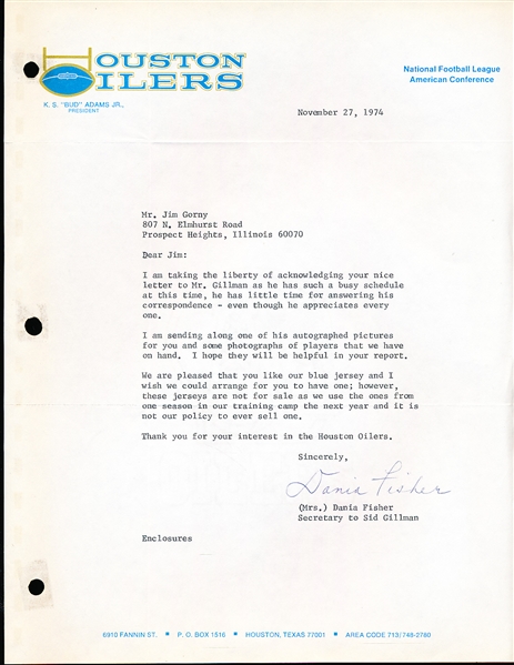 1974 Houston Oilers Football- 2 Letters on Oiler Stationary