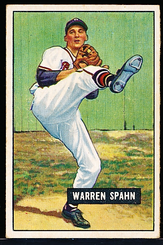 1951 Bowman Bb- #134 Warren Spahn, Braves- 10% wax stain back.