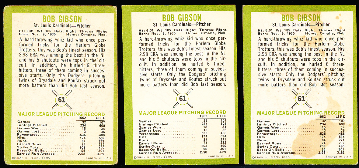 1963 Fleer Bob Gibson St Louis Cardinals Baseball Card #61