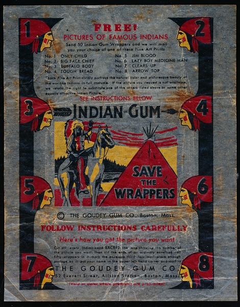 1933 Goudey Indian Wrapper- Indian on Horse in middle- 8 Indian heads on sides