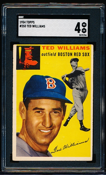 1954 Topps Baseball- #250 Ted Williams, Red Sox – SGC 4 (Vg-Ex)
