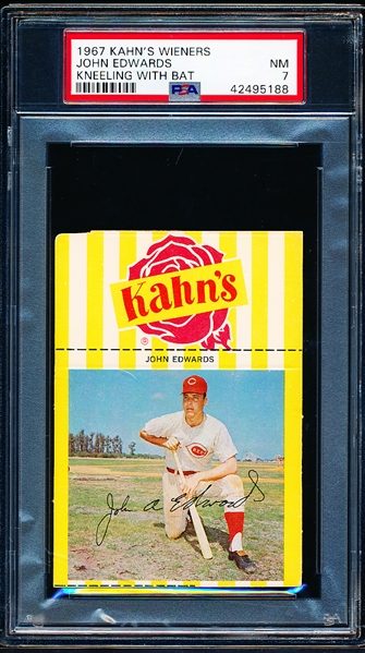 1967 Kahn’s Baseball- John Edwards, Reds- PSA NM 7- With Top Ad Tab- Kneeling with bat pose