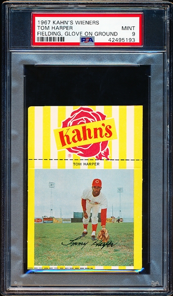 1967 Kahn’s Baseball- Tom Harper, Reds- PSA Mint 9 (Fielding Pose- Glove on Ground)