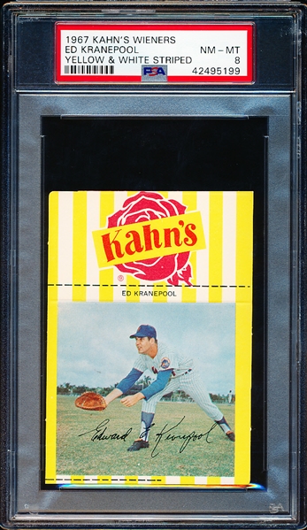 1967 Kahn’s Baseball- Ed Kranepool, Mets- PSA NM-MT 8 – Yellow & White Striped version- with top Ad tab