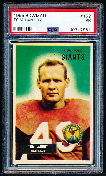 1955 Bowman Football- #152 Tom Landry, Giants- PSA 1 (Poor)