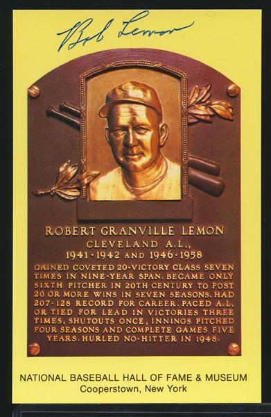 Autographed Baseball HOF Gold Plaque Postcard- Bob Lemon