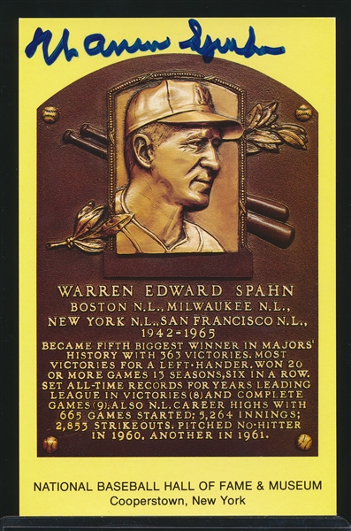 Autographed Baseball HOF Gold Plaque Postcard- Warren Spahn