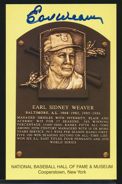 Autographed Baseball HOF Gold Plaque Postcard- Earl Weaver