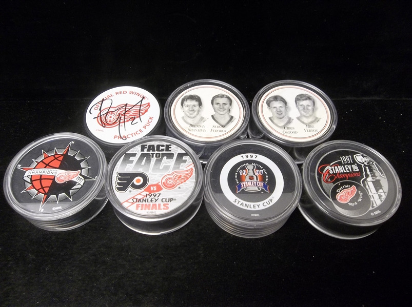 Clean-Up Lot of 7 Diff. Detroit Red Wings Related Pucks