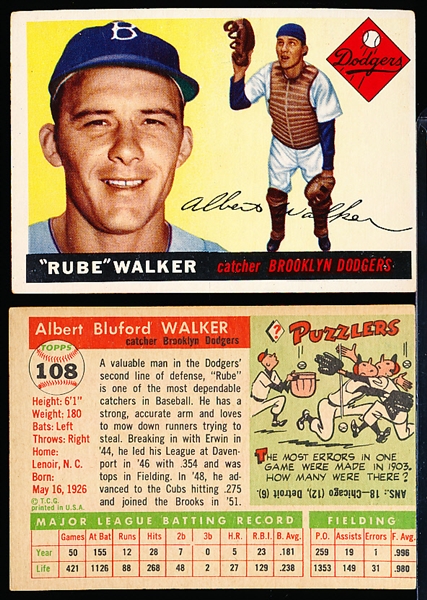 1955 Topps Bb- #108 Rube Walker, Brooklyn- 6 Cards