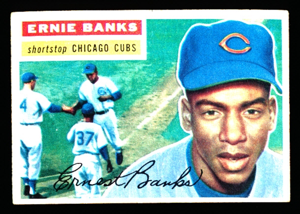 1956 Topps Baseball- #15 Ernie Banks, Cubs- Gray Back