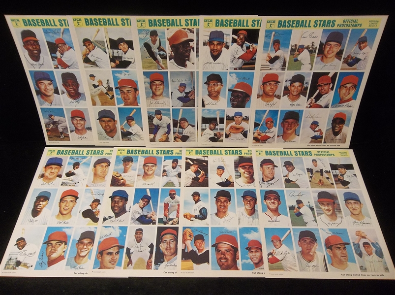 1969 MLBP “Baseball Stars”- Official Photostamps- National League Set of 9 Uncut Photo Stamp Sheets