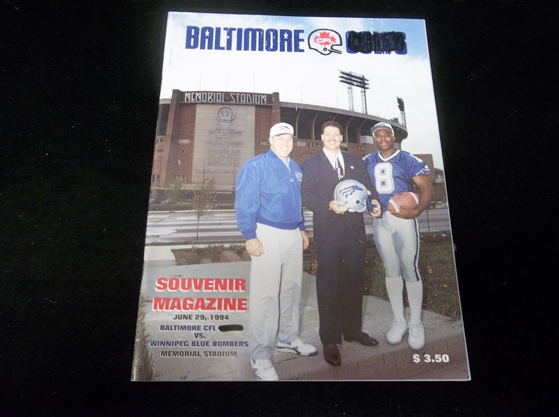 June 29, 1994 Baltimore CFL Colts vs. Winnipeg Blue Bombers at Baltimore Memorial Stadium Program