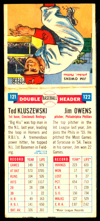 1955 Topps Double Headers #121 Ted Kluszewski & #122 Jim Owens Baseball Card