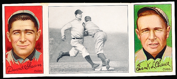 1912 T202 Hassan Triple Folder Baseball- “Chance Beats Out a Hit”- David Shean (Cubs)/ Frank Chance (Cubs)