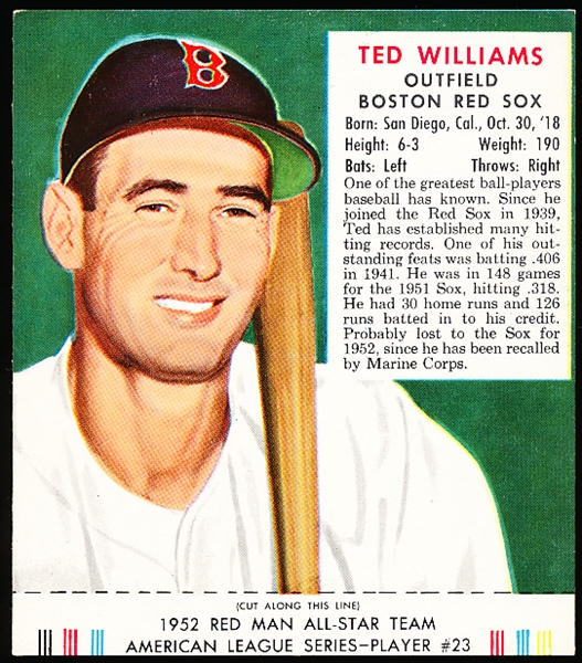1952 Red Man Baseball- With Tab- AL #23 Ted Williams, Red Sox
