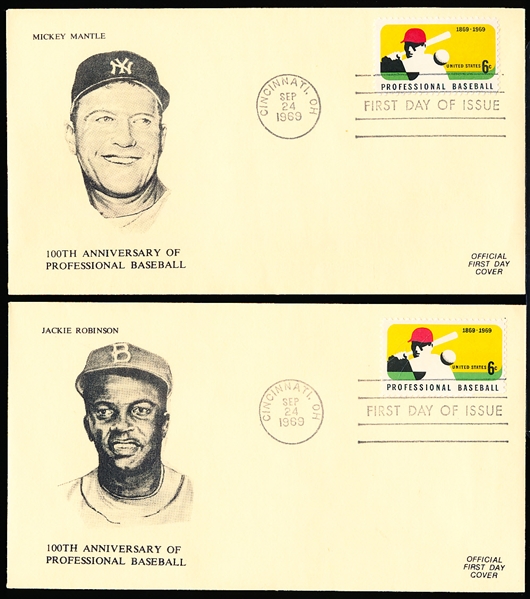 September 24, 1969 MLB 100th Anniversary of Professional Baseball Player Drawing 1st Day of Issue Cancelled Envelopes- 9 Diff.