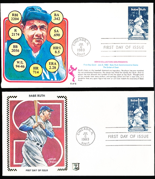 July 6, 1983 Babe Ruth MLB Cachets- 6 Asst., 5 Diff.