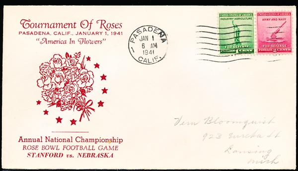 January 1, 1941 Tournament of Roses Commemorative Cachet Envelope- Stanford vs. Nebraska