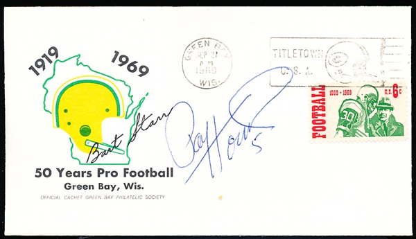 Autographed September 27, 1969 Green Bay Philatelic Society Cachet NFL- 50 Years Pro Football- Signed by Paul Hornung