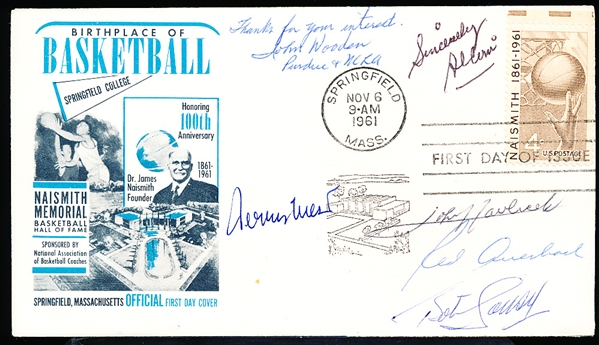 Autographed November 6, 1961 Birthplace of Basketball Official 1st Day of Issue Cover- Signed by 6 Basketball Hall of Famers