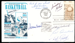 Autographed November 6, 1961 Birthplace of Basketball Official 1st Day of Issue Cover- Signed by 6 Basketball Hall of Famers
