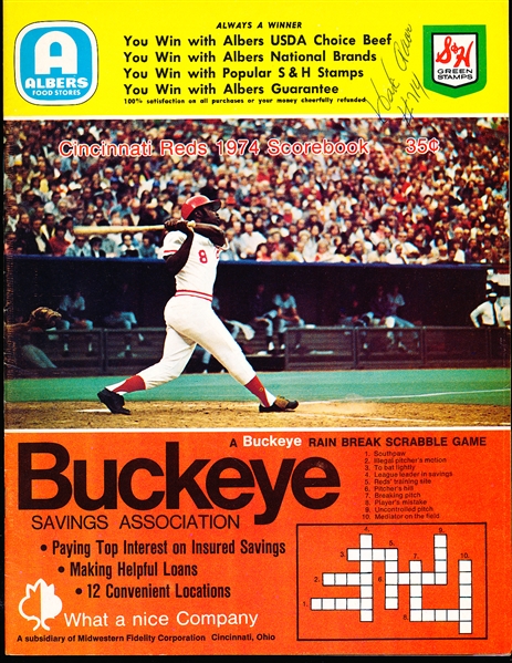 Autographed 1974 Atlanta Braves @ Cincinnati Reds Scorebook- Signed by Hank Aaron with “#714” Inscription- Beckett Authenticated
