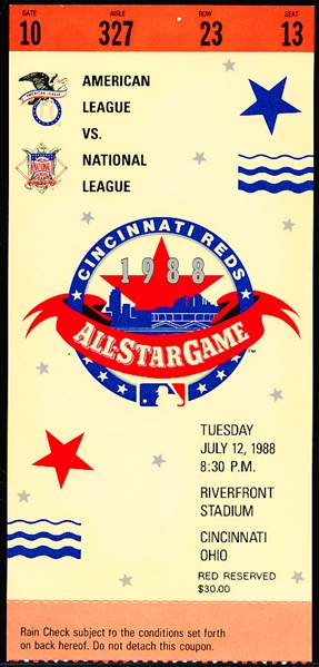 1988 MLB All-Star Game Ticket Stub @ Cincinnati