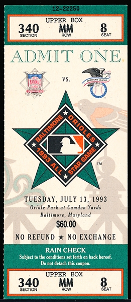 1993 MLB All-Star Game Full Ticket @ Baltimore