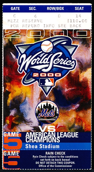 2000 MLB World Series Ticket Stub- New York Yankees @ New York Mets- Game 5- Clinching Game- Jeter HR!