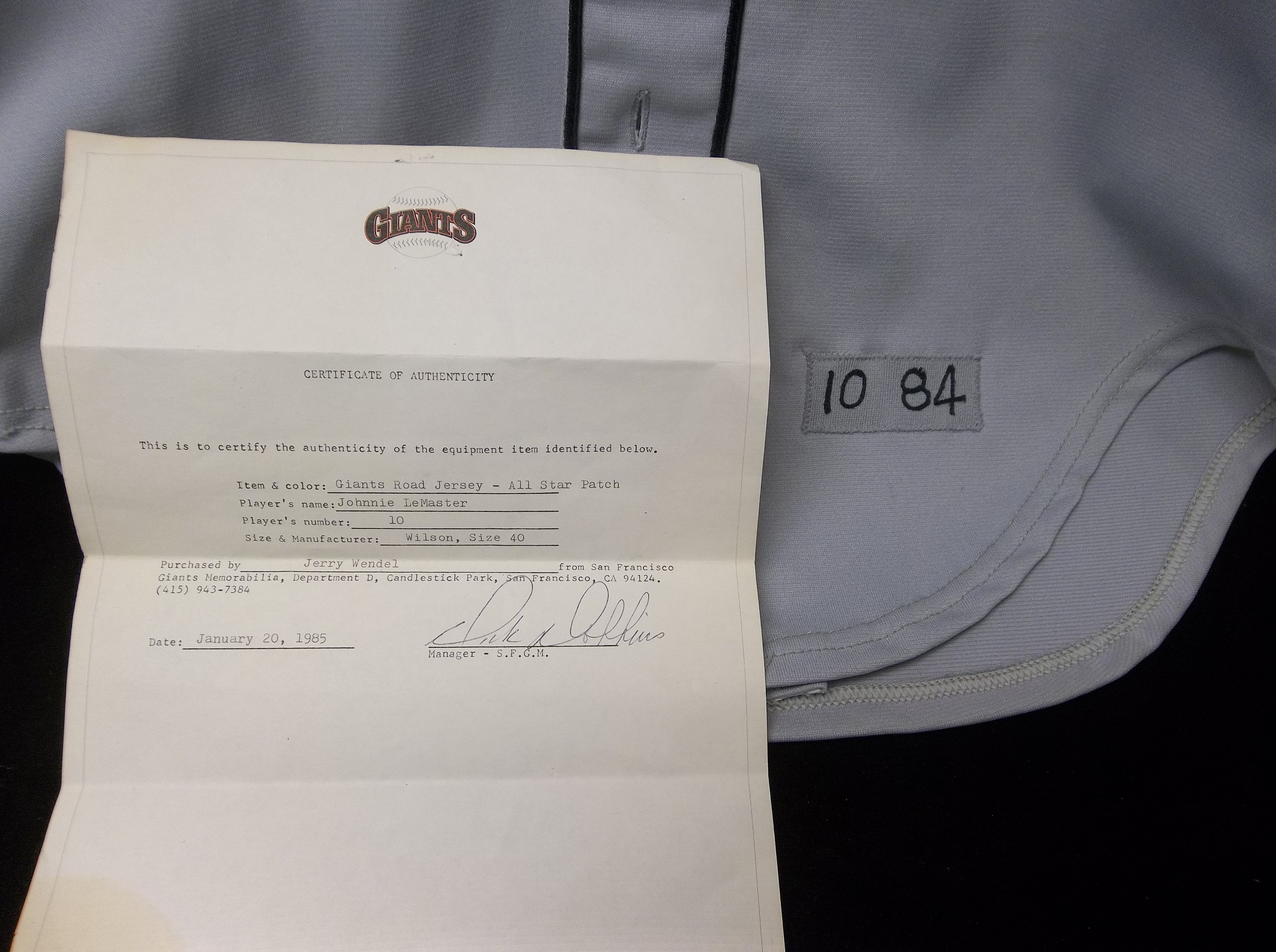 Lot Detail - Game-Worn 1984 San Francisco Giants Wilson MLB #10 Johnny  LeMaster Gray Road Jersey- Dick Dobbins Letter